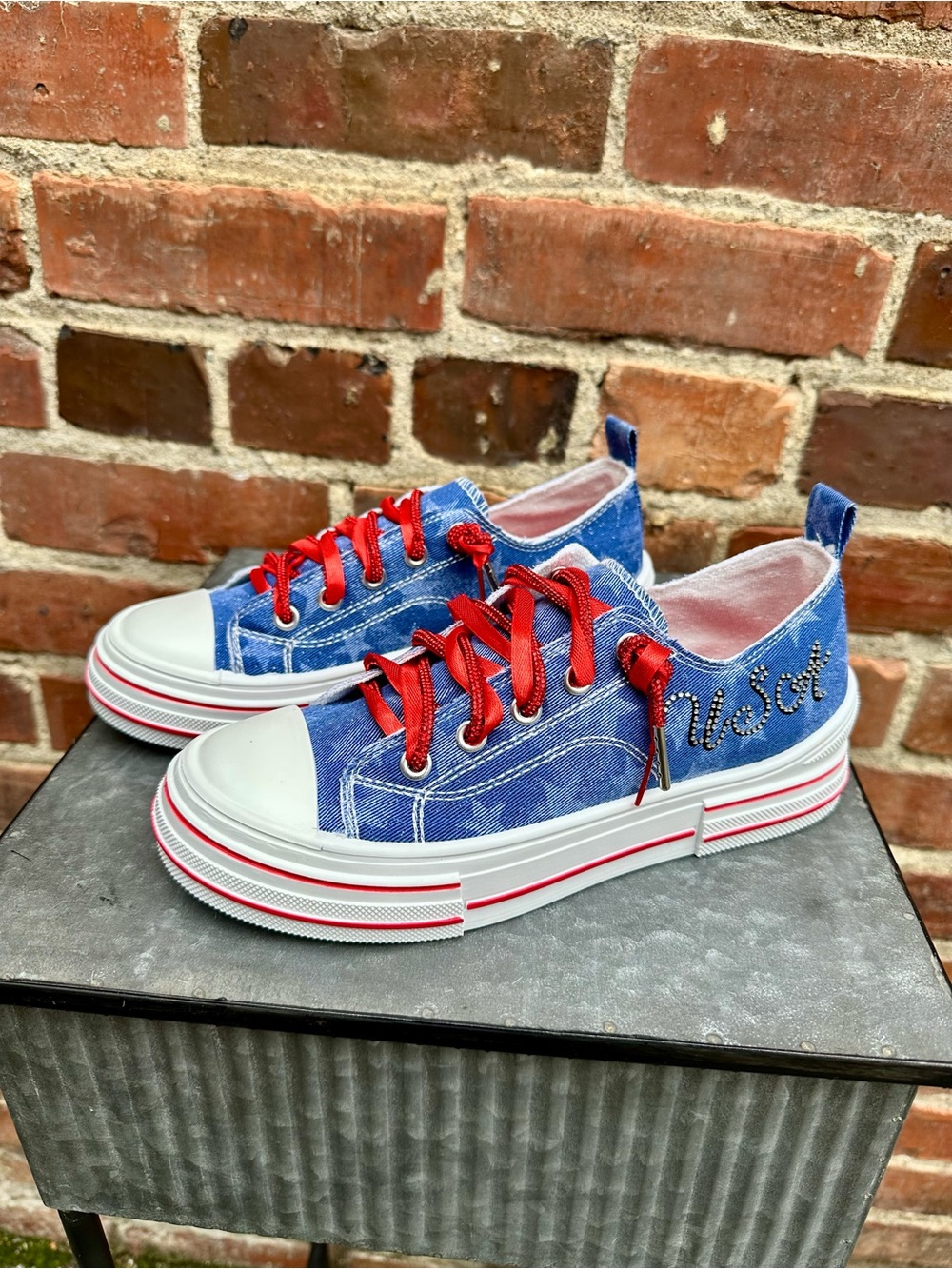NEW Very G Blue Denim USA Star Sneakers with Red Laces